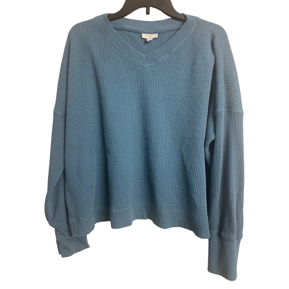 J. Jill Blue Waffle Knit V-Neck Cotton Sweater‎ Large Relaxed Thermal Top
